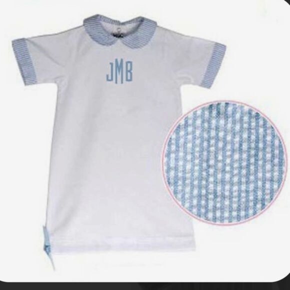 MSC Smocked Blue Seersucker day gown 0-6m monogram Easter Spring Church layette - Picture 2 of 5